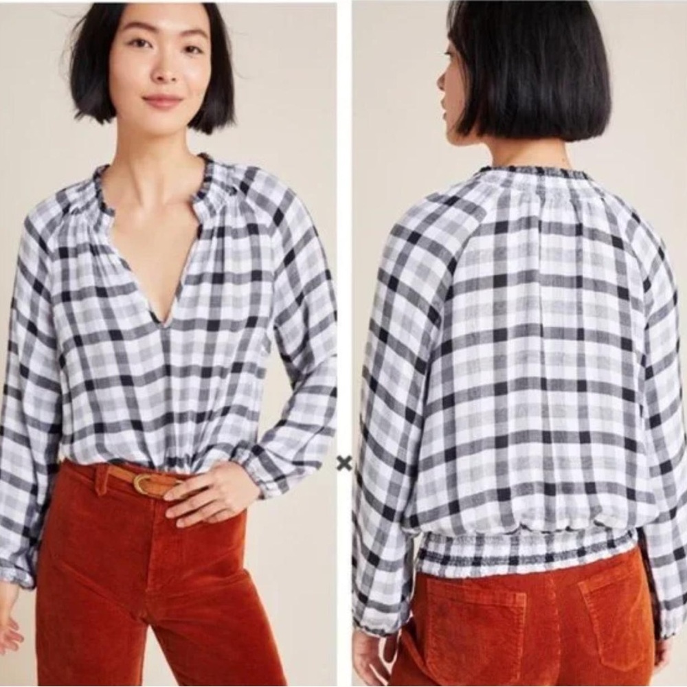 Cloth & Stone Anthropologie Women M Black White Plaid Long Sleeve Sara Blouse
